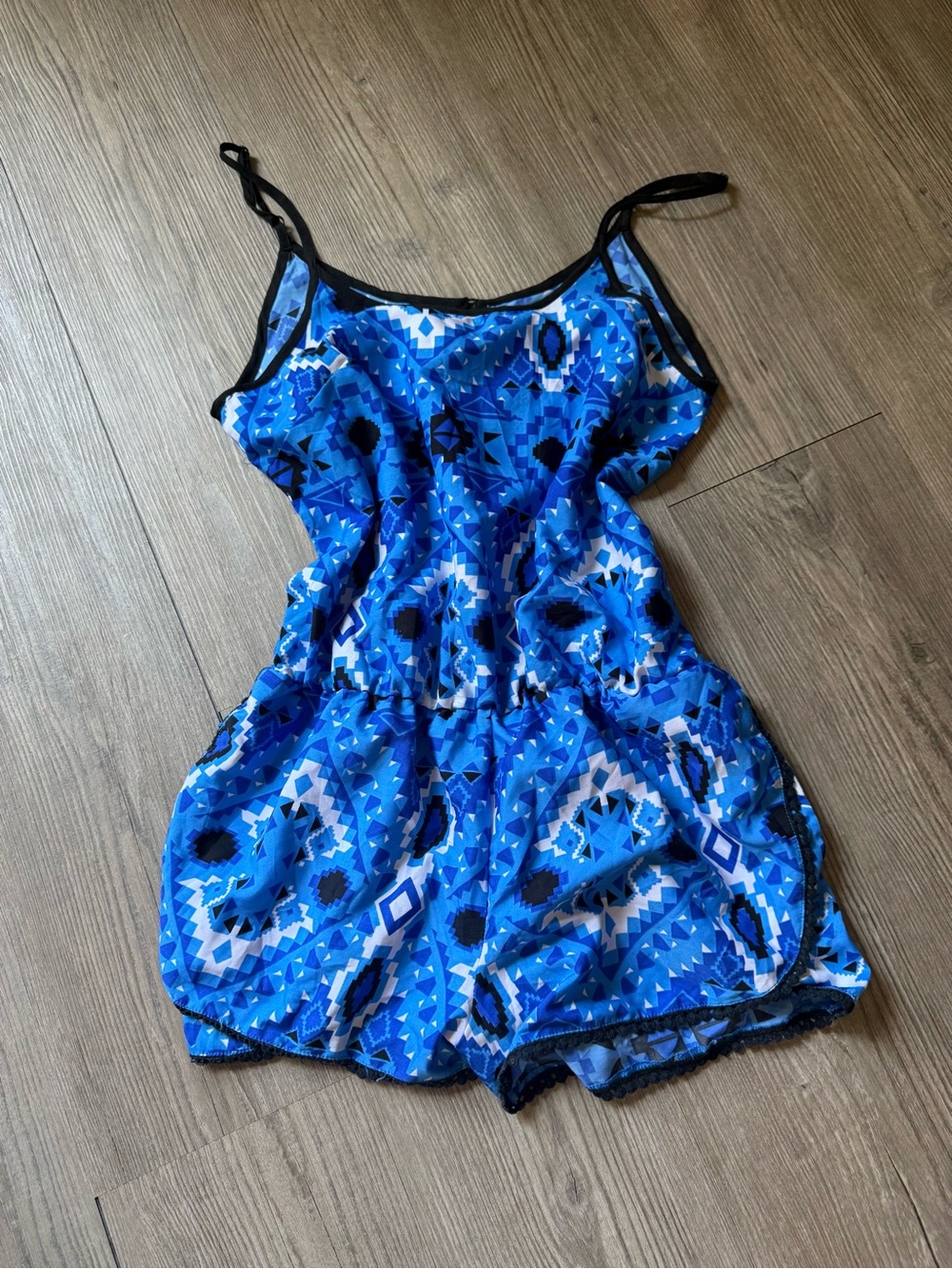 Blue Geometric Print Romper with Black Trim